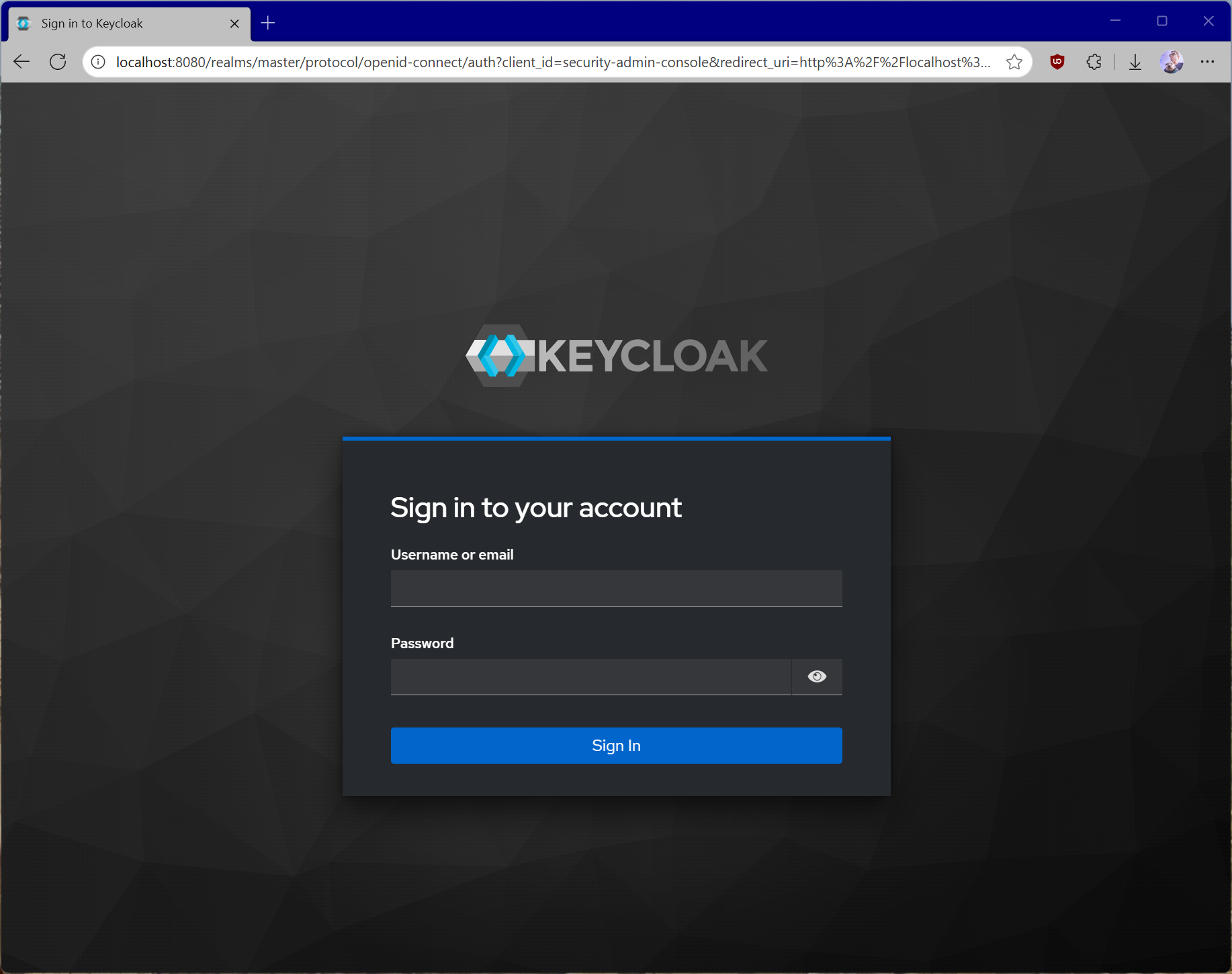 Keycloak 관리 대시보드 인증 대화 상자.